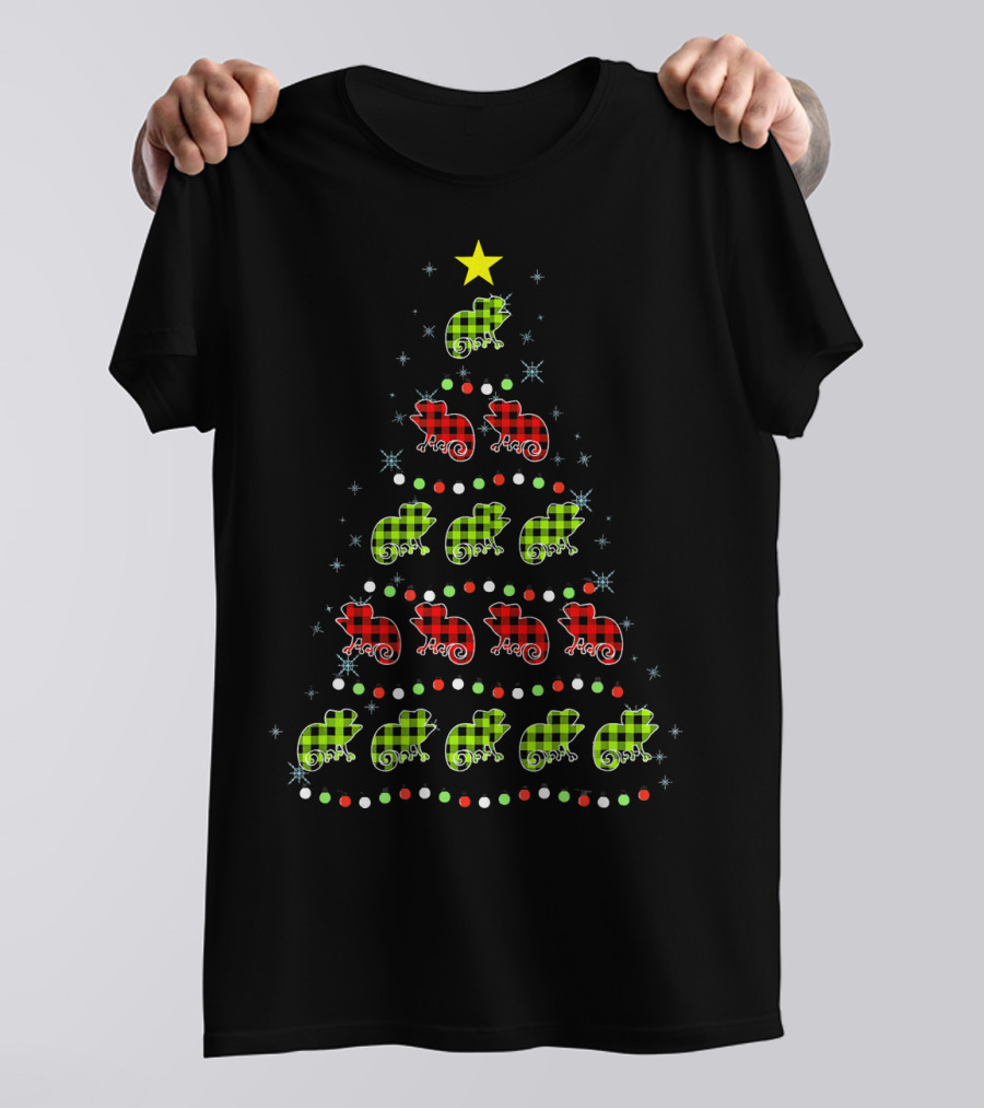 Chameleon Christmas Tree Red Green Plaid Star Decor T-Shirt