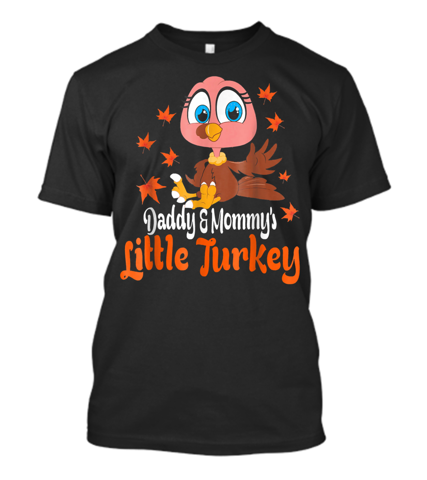 Daddy And Mommy's Little Turkey With Cute Cartoon And Autumn Leaves T-Shirt
