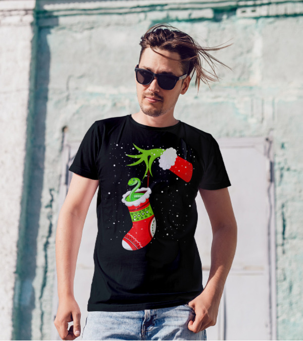 Christmas Ball Python Stocking Grinch Hand T-Shirt