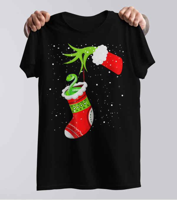 Christmas Ball Python Stocking Grinch Hand T-Shirt