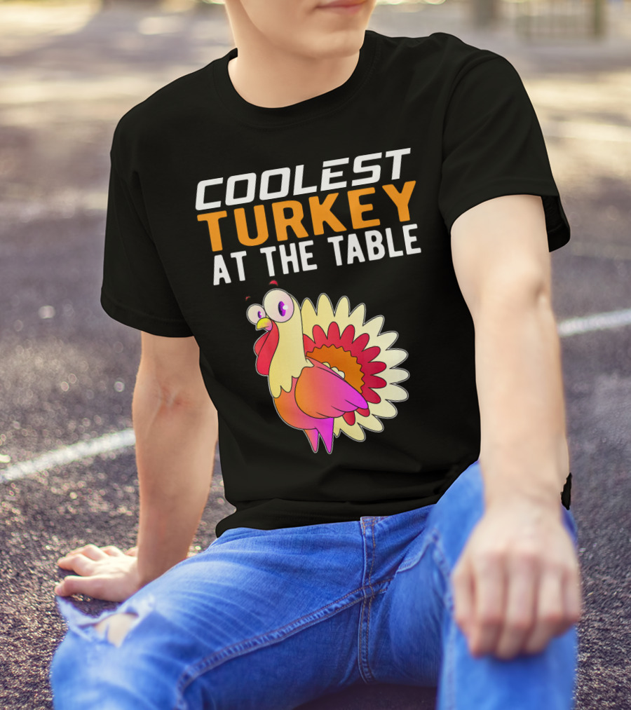 Coolest Turkey At The Table Vibrant Cartoon Style Thanksgiving Family T-Shirt
