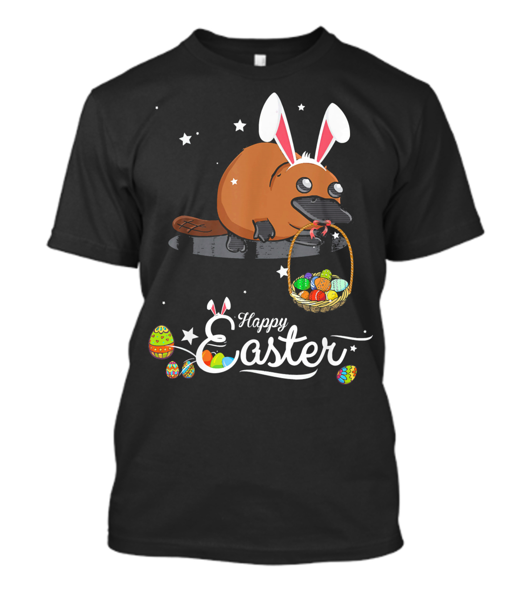Happy Easter Platypus With Bunny Ears And Basket Of Eggs T-Shirt