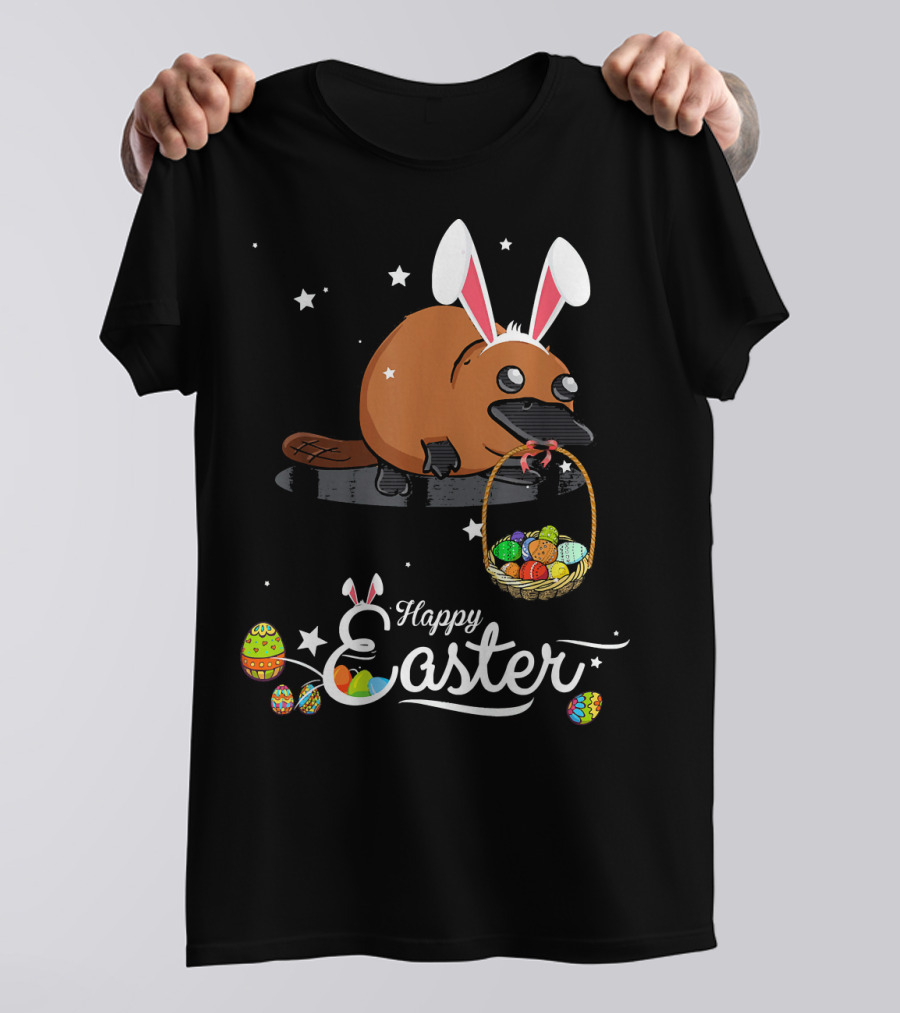 Happy Easter Platypus With Bunny Ears And Basket Of Eggs T-Shirt