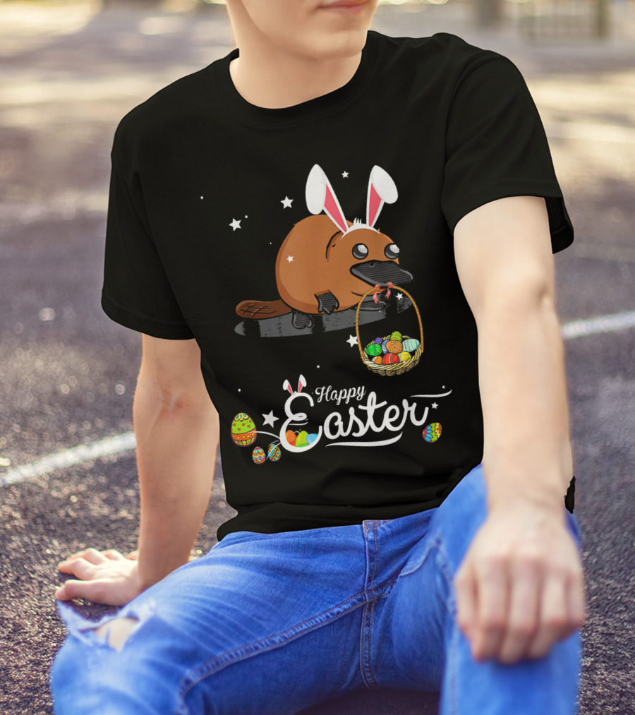 Happy Easter Platypus With Bunny Ears And Basket Of Eggs T-Shirt