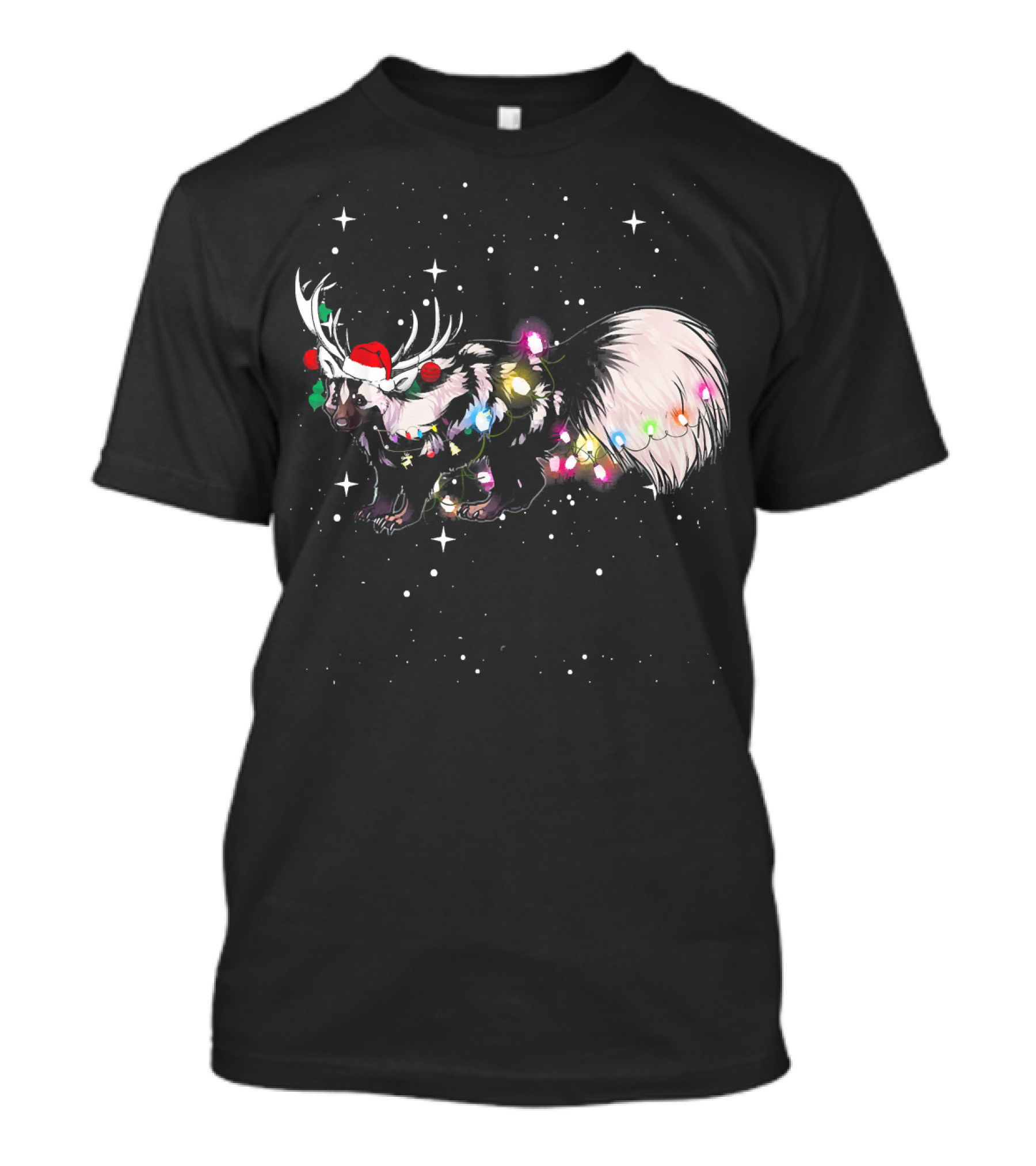 Christmas Lights Skunk Festive Santa Hat Antlers Snowy Night T-Shirt