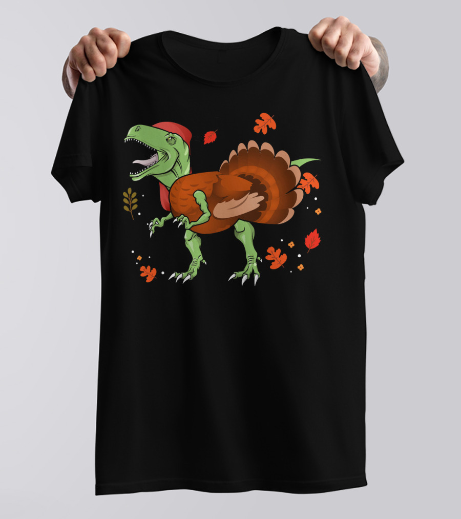 T-Rex Thanksgiving Turkey With Fall Leaves T-Shirt