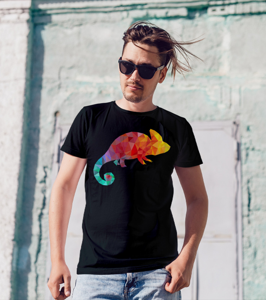 Colorful Geometric Chameleon Animal Liz Multicolor Triangles T-Shirt