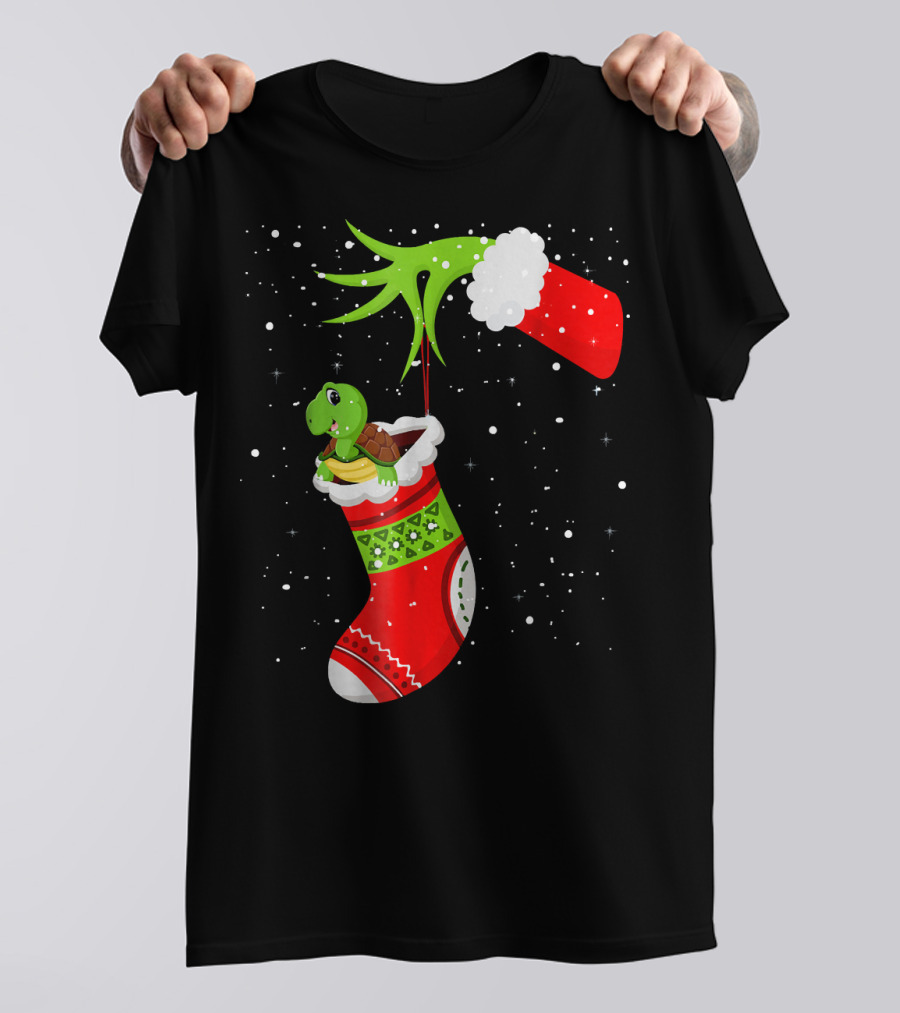 Christmas Stocking With Russian Tortoise And Green Grinch Hand T-Shirt