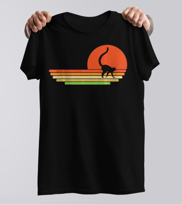 Sunset Lemur Silhouette Pastel Stripes Retro T-Shirt