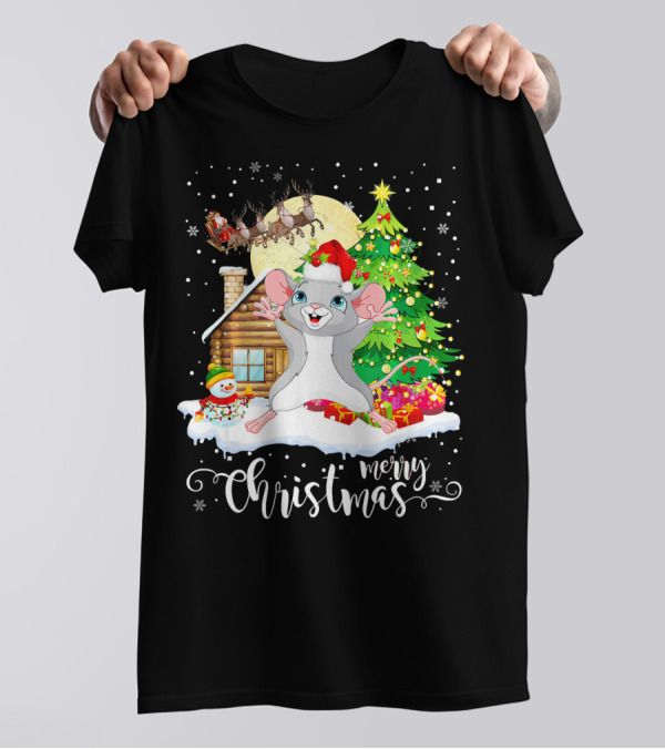 Merry Christmas Gerbil Lover Santa Hat Sleigh Cabin Snowman Tree T-Shirt