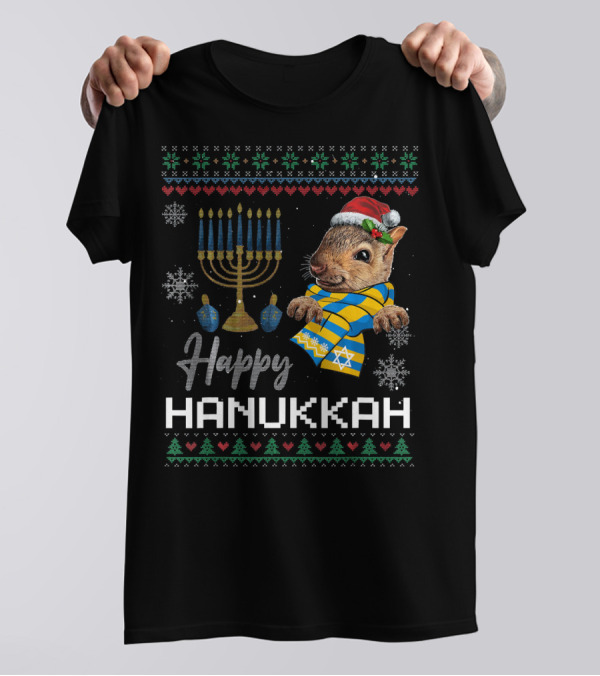 Happy Hanukkah Squirrel With Menorah And Santa Hat T-Shirt