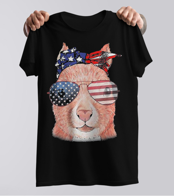 Funny Squirrel In Patriotic American Flag Bandana And Sunglasses T-Shirt