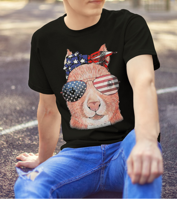 Funny Squirrel In Patriotic American Flag Bandana And Sunglasses T-Shirt