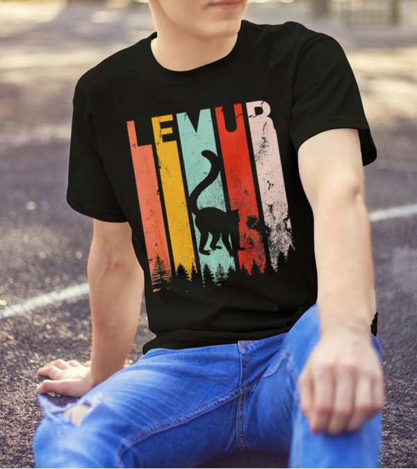 Lemur Lover Vintage Retro Style Silhouette Forest Stripes T-Shirt