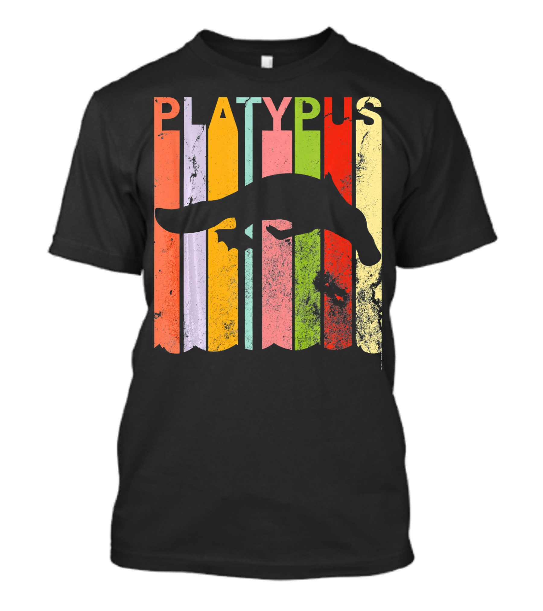 Platypus Lover Vintage Retro Style Silhouette On Colorful Stripes T-Shirt
