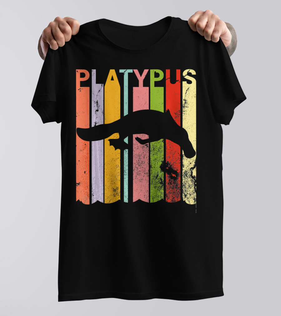 Platypus Lover Vintage Retro Style Silhouette On Colorful Stripes T-Shirt