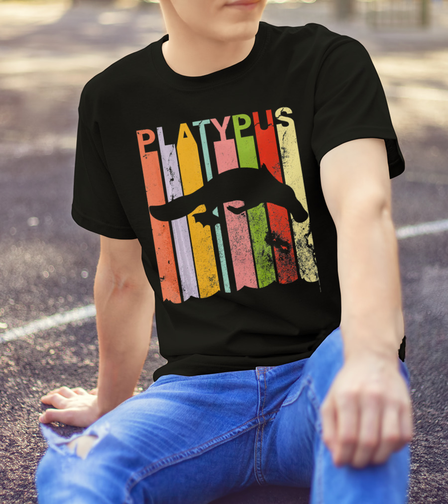 Platypus Lover Vintage Retro Style Silhouette On Colorful Stripes T-Shirt
