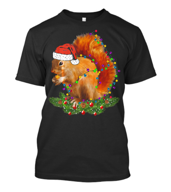 Squirrel In Santa Hat With Christmas Lights And Pine Branches T-Shirt