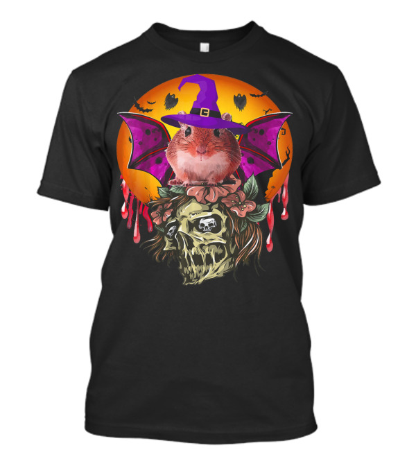 Witch Hat Gerbil Bat On Skull With Halloween Background T-Shirt