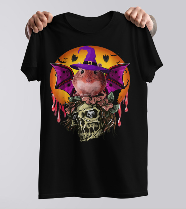 Witch Hat Gerbil Bat On Skull With Halloween Background T-Shirt