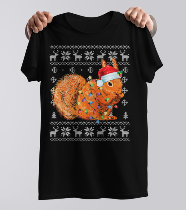 Funny Squirrel Ugly Christmas Santa Santa Hat Lights Holiday T-Shirt