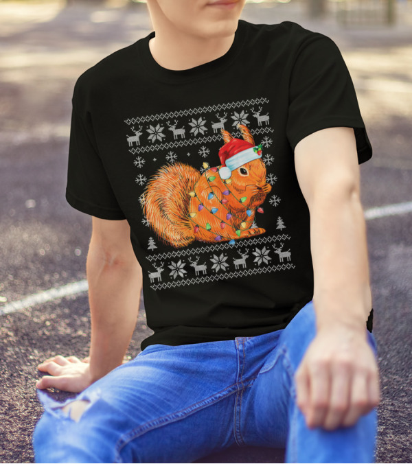 Funny Squirrel Ugly Christmas Santa Santa Hat Lights Holiday T-Shirt