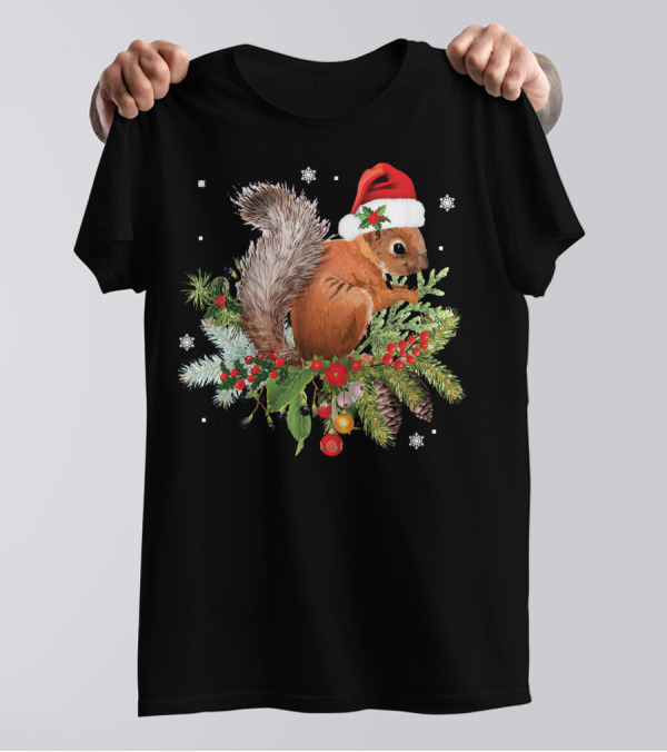 Funny Squirrel Christmas Santa Hat Festive Holiday Animal T-Shirt