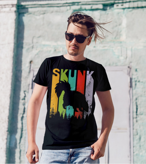 Skunk Vintage Retro Style Silhouette Forest Stripes T-Shirt