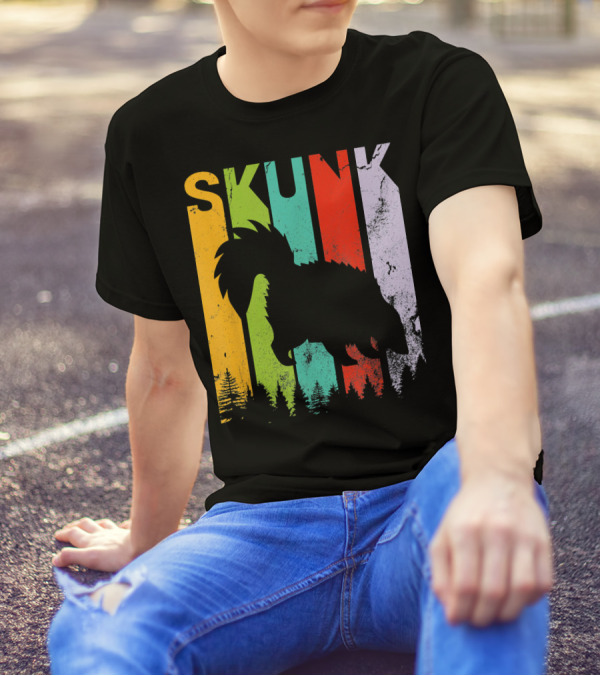 Skunk Vintage Retro Style Silhouette Forest Stripes T-Shirt