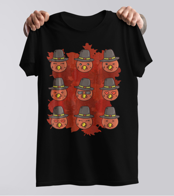 Funny Turkey Emojicons Thanksgiving Day Pilgrim Hats Red Maple Leaf Background T-Shirt
