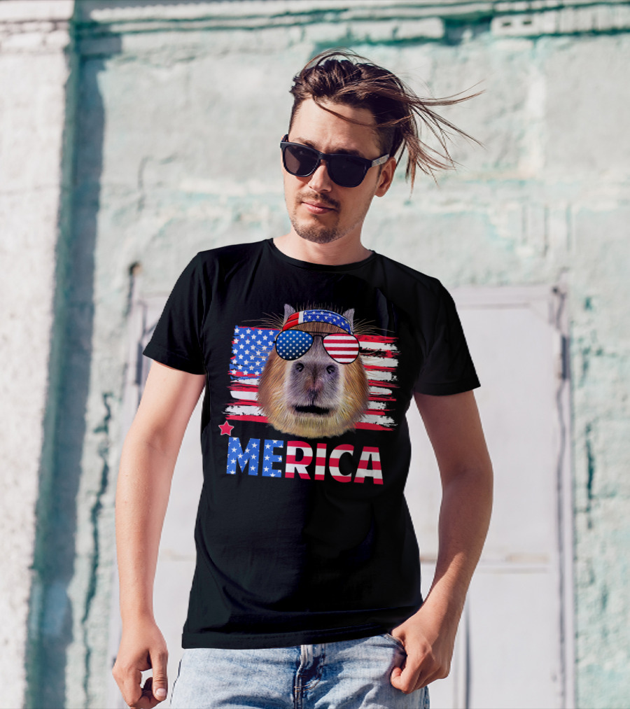 Merica Capybara With American Flag Sunglasses T-Shirt