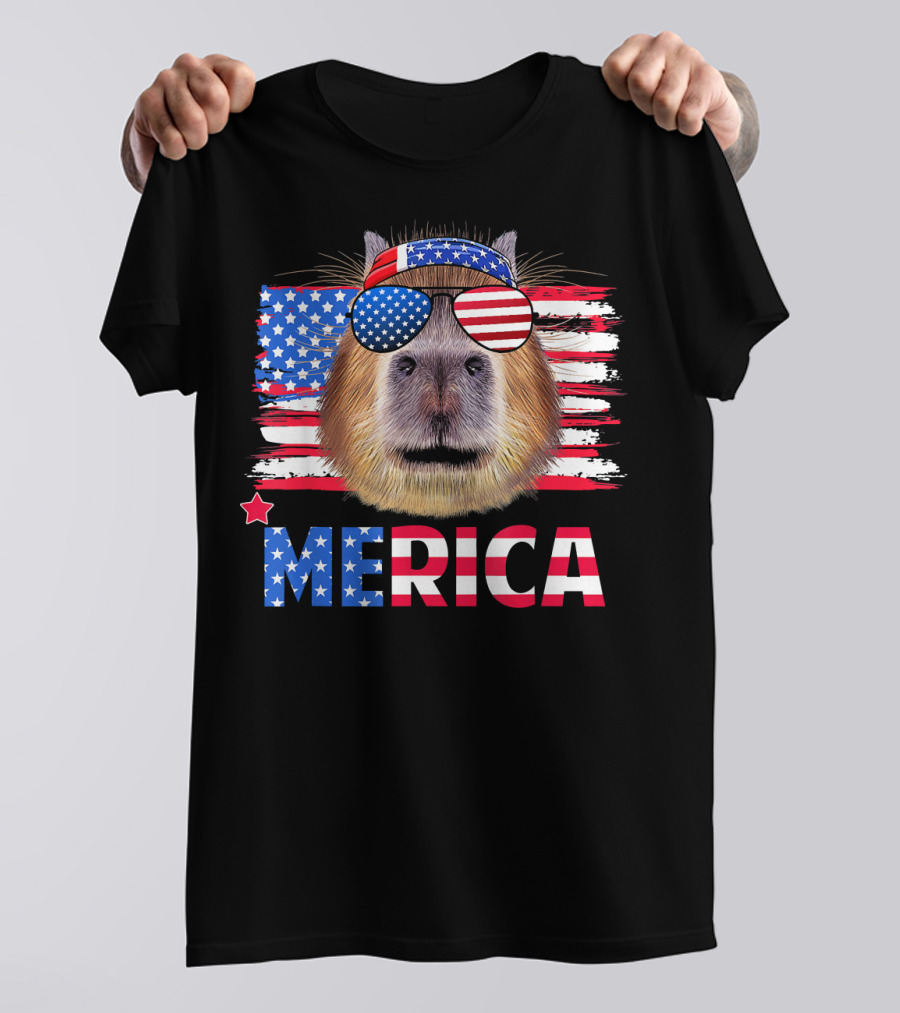Merica Capybara With American Flag Sunglasses T-Shirt