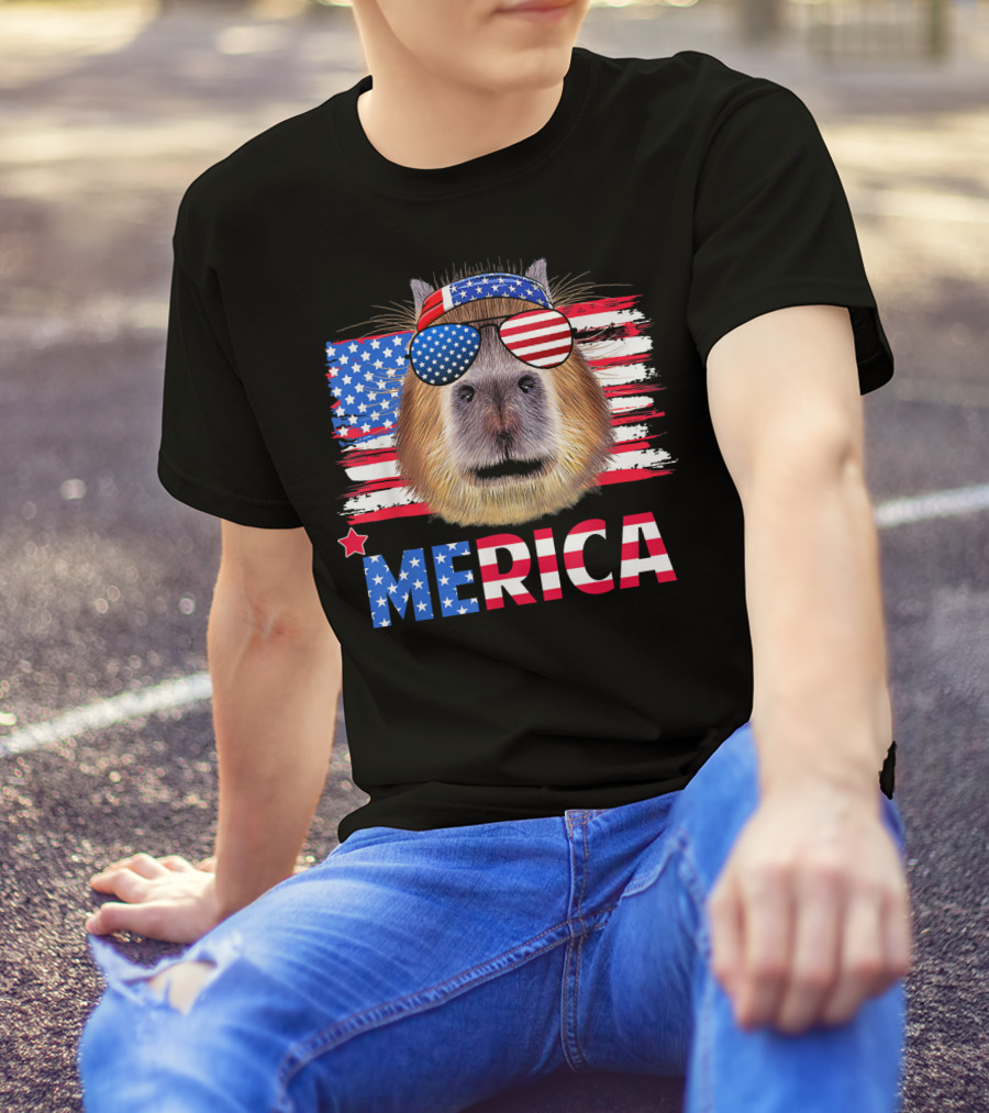 Merica Capybara With American Flag Sunglasses T-Shirt