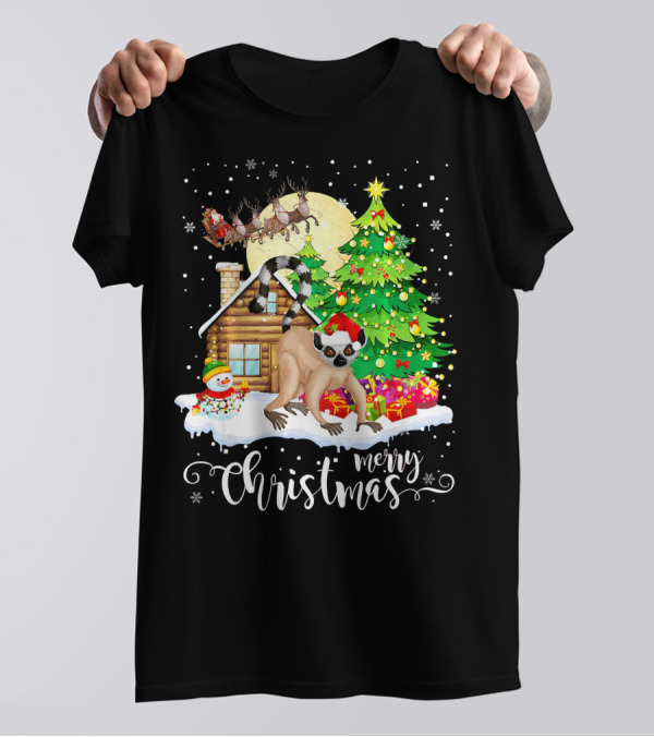 Merry Christmas Funny Cute Lemur Lover With Santa Sleigh And Christmas Tree T-Shirt