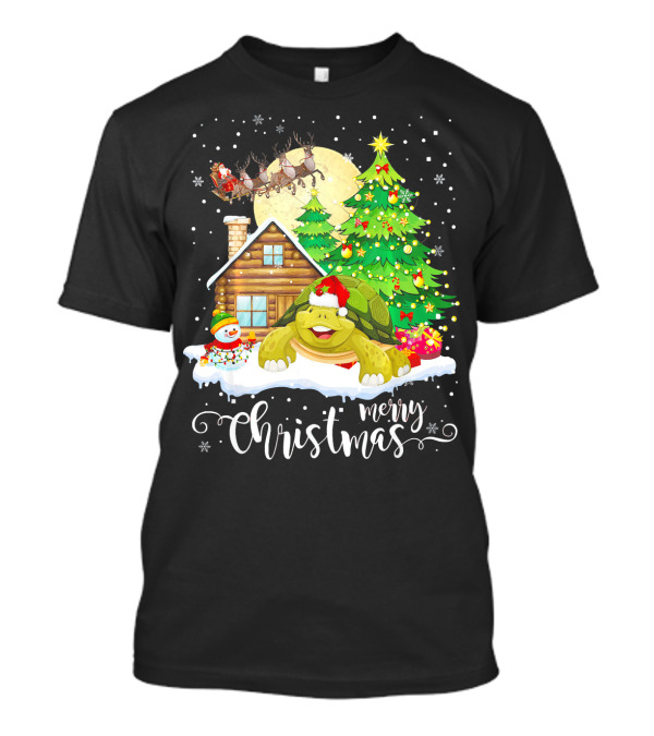 Merry Christmas Funny Cute Tortoise Lover Holiday Scene T-Shirt