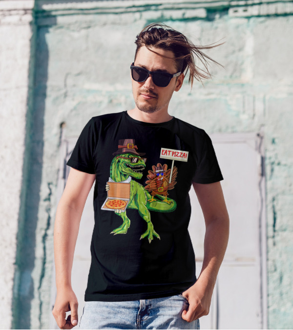 Thanksgiving Dinosaur And Turkey Eat Pizza Rex Pilgrim Hat T-Shirt