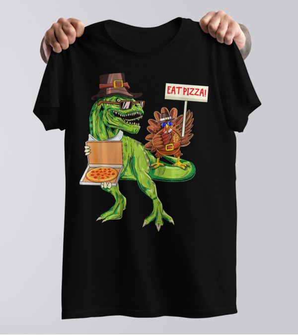 Thanksgiving Dinosaur And Turkey Eat Pizza Rex Pilgrim Hat T-Shirt