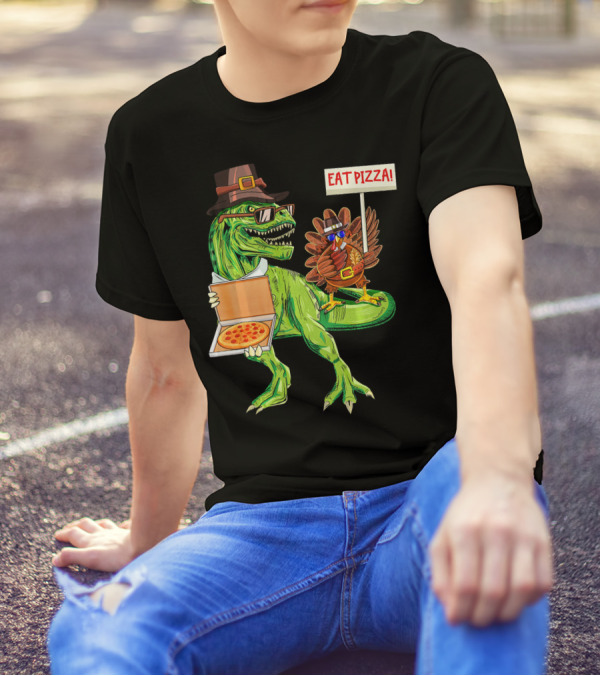 Thanksgiving Dinosaur And Turkey Eat Pizza Rex Pilgrim Hat T-Shirt