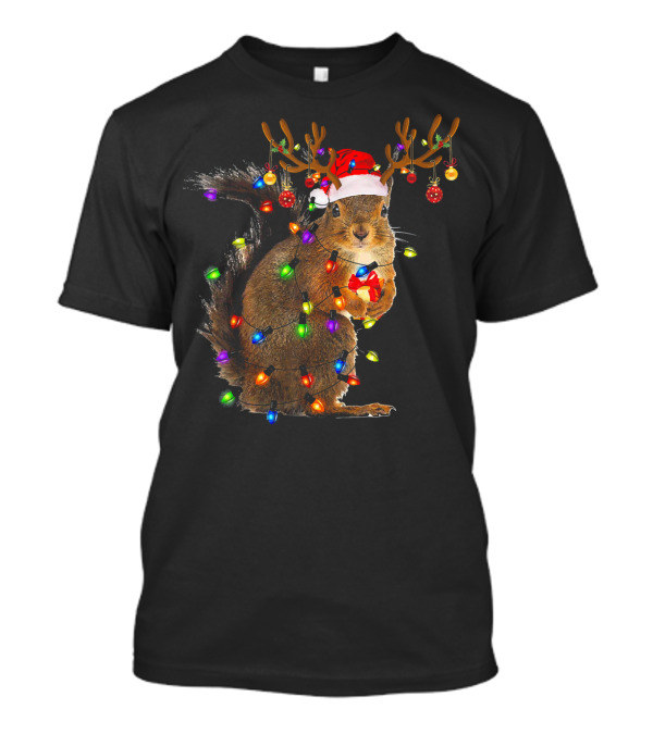 Funny Squirrel Christmas Gift Lights And Reindeer Antlers T-Shirt