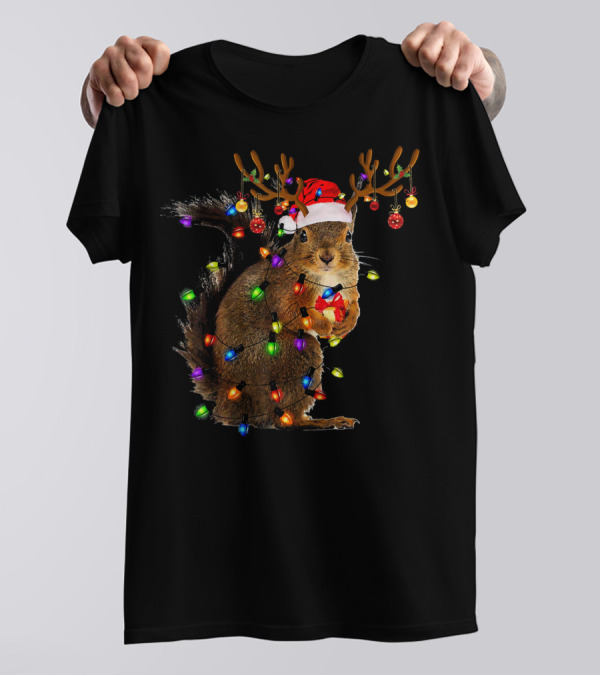 Funny Squirrel Christmas Gift Lights And Reindeer Antlers T-Shirt