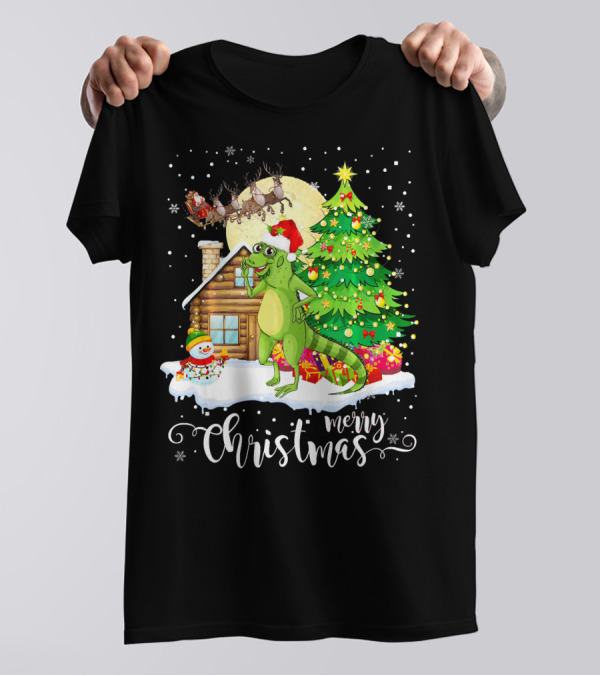 Funny Cute Bearded Dragon Lover Merry Christmas Santa Tree Cabin Snowman T-Shirt