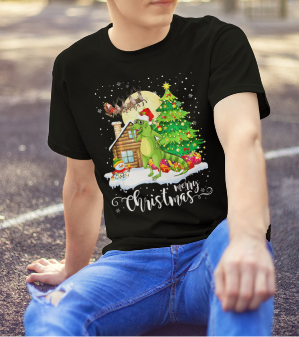 Funny Cute Bearded Dragon Lover Merry Christmas Santa Tree Cabin Snowman T-Shirt