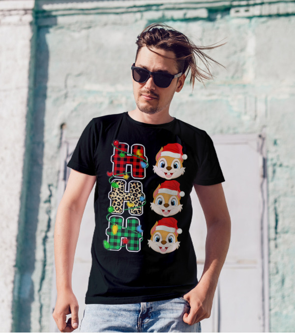 HO HO HO Santa Hat Chipmunk Plaid Leopard Christmas Lights T-Shirt