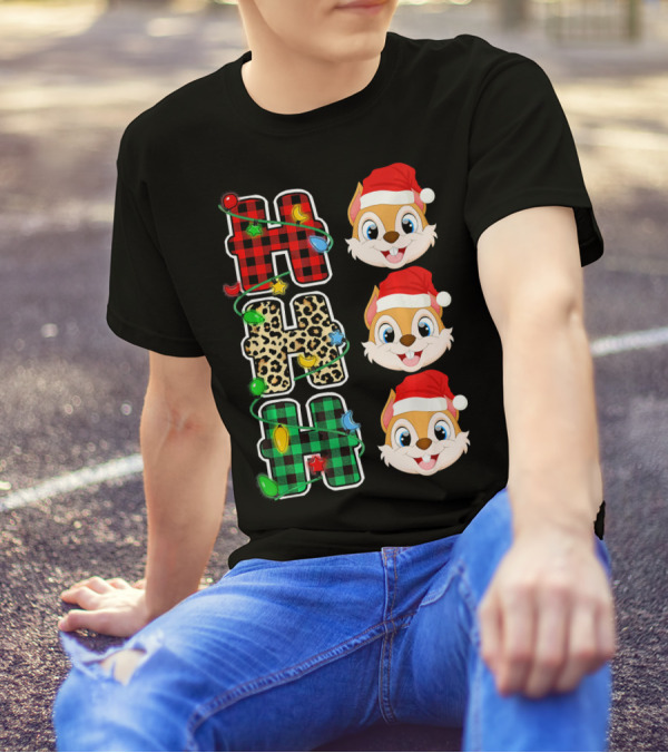 HO HO HO Santa Hat Chipmunk Plaid Leopard Christmas Lights T-Shirt