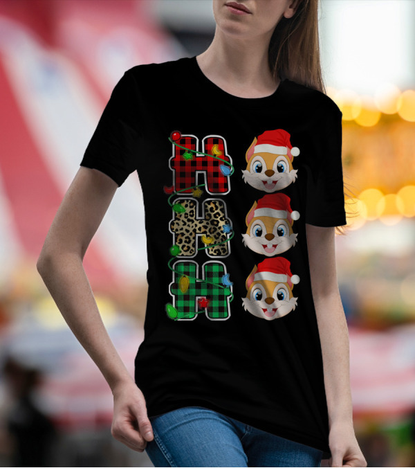 HO HO HO Santa Hat Chipmunk Plaid Leopard Christmas Lights T-Shirt