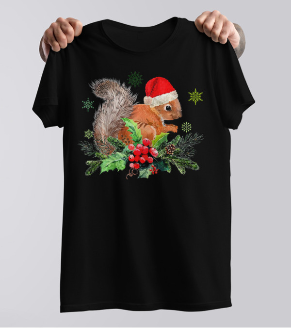 Squirrel In Santa Hat Christmas Holly Snowflakes T-Shirt