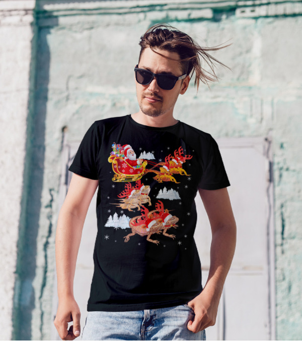 Funny Bearded Dragon Santa Sleigh Christmas Holiday T-Shirt