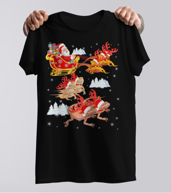 Funny Bearded Dragon Santa Sleigh Christmas Holiday T-Shirt
