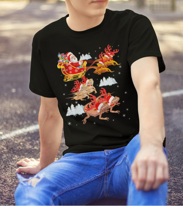 Funny Bearded Dragon Santa Sleigh Christmas Holiday T-Shirt
