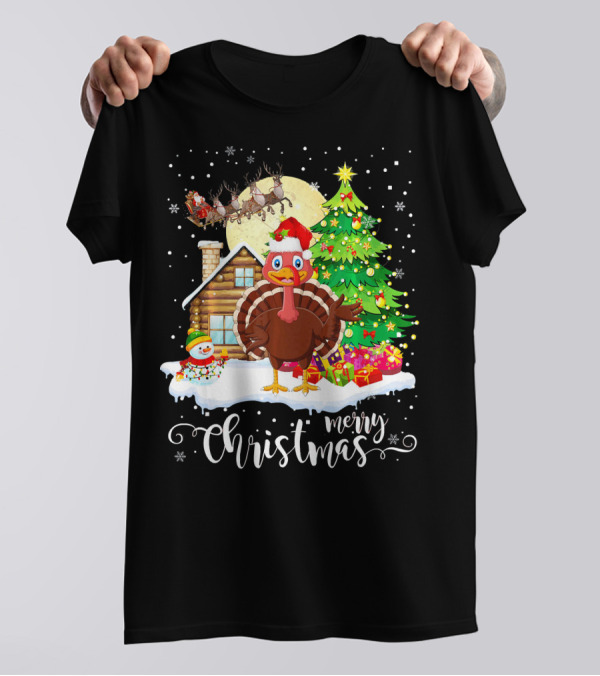 Funny Cute Turkey Lover Merry Christmas Santa Claus Snowman Cabin T-Shirt